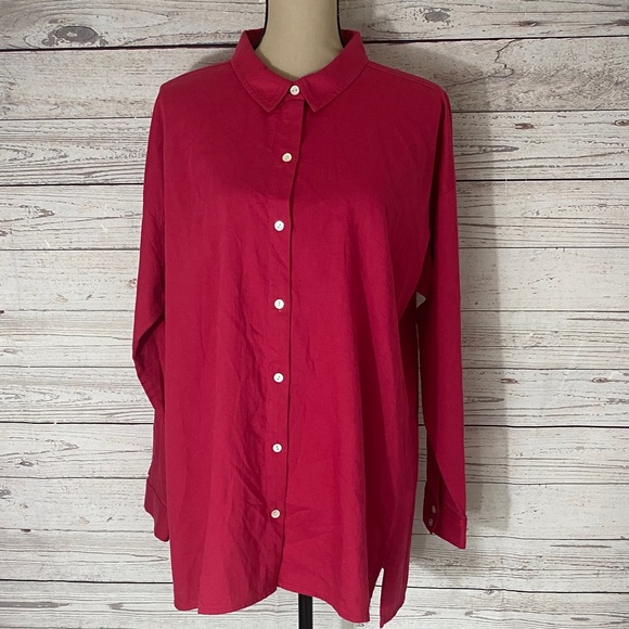 Eileen Fisher Pink Organic Cotton Twill Classic Collar Button Down Shirt Size L - Picture 1 of 12